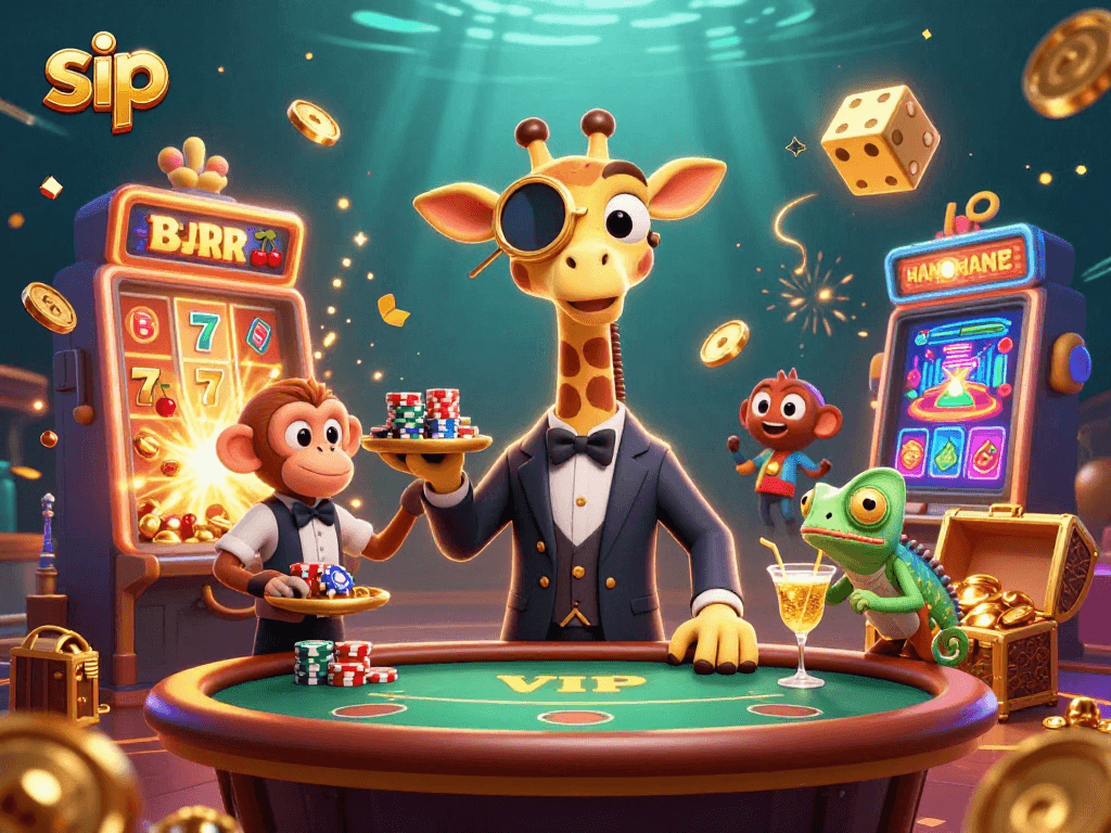 sip your way to big wins at the vibrant casino scene with giraffe, monkey, and chameleon