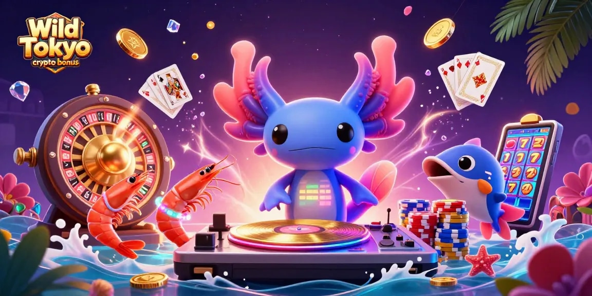 Vivi l'emozione del Wild Tokyo crypto bonus con un'illustrazione approfittando di elementi di gioco come slot e chips.