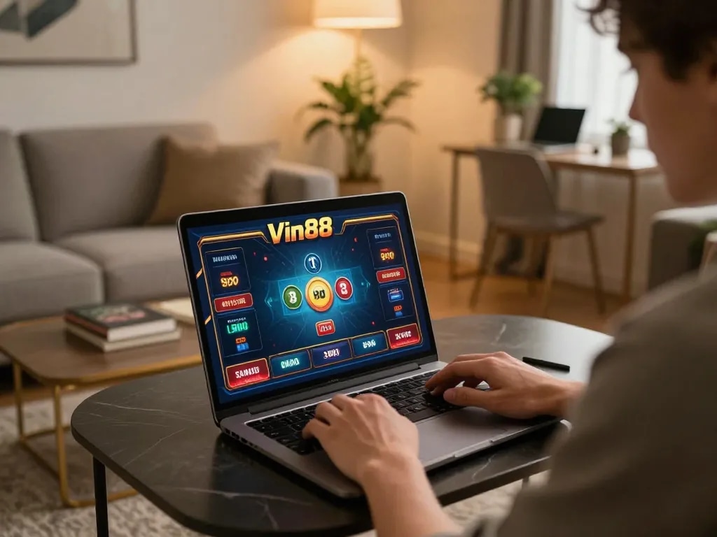 Engaging player enjoying Vin88 online casino on laptop at home