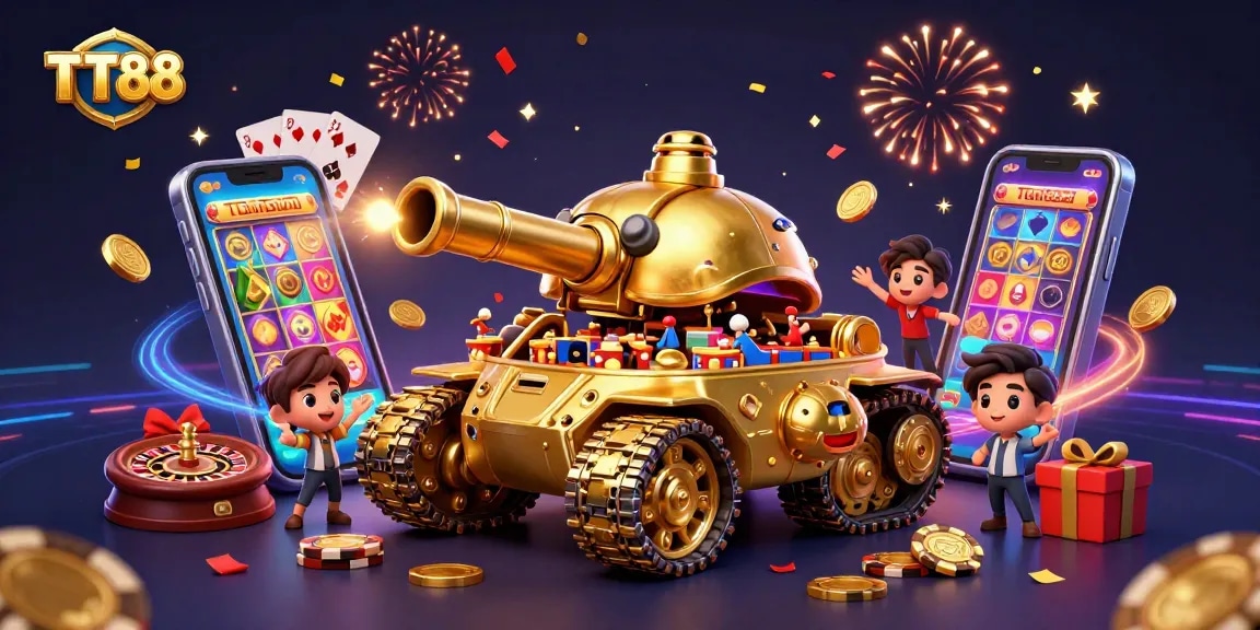 Engage in gaming fun with TT88’s vibrant casino illustration showing a micro-casino inside a golden beetle tank.