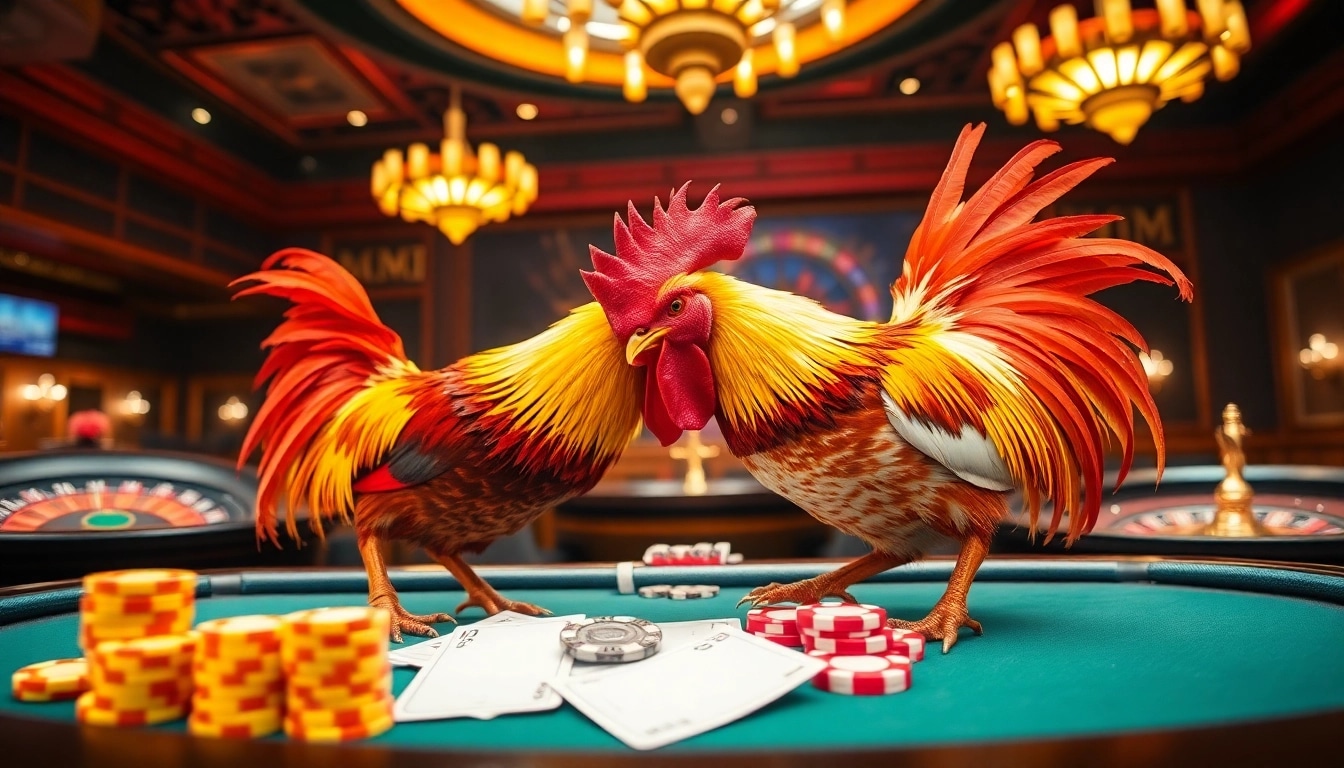 Experience thrilling cockfighting on SV388 with vibrant betting action shown in a luxurious casino scene.