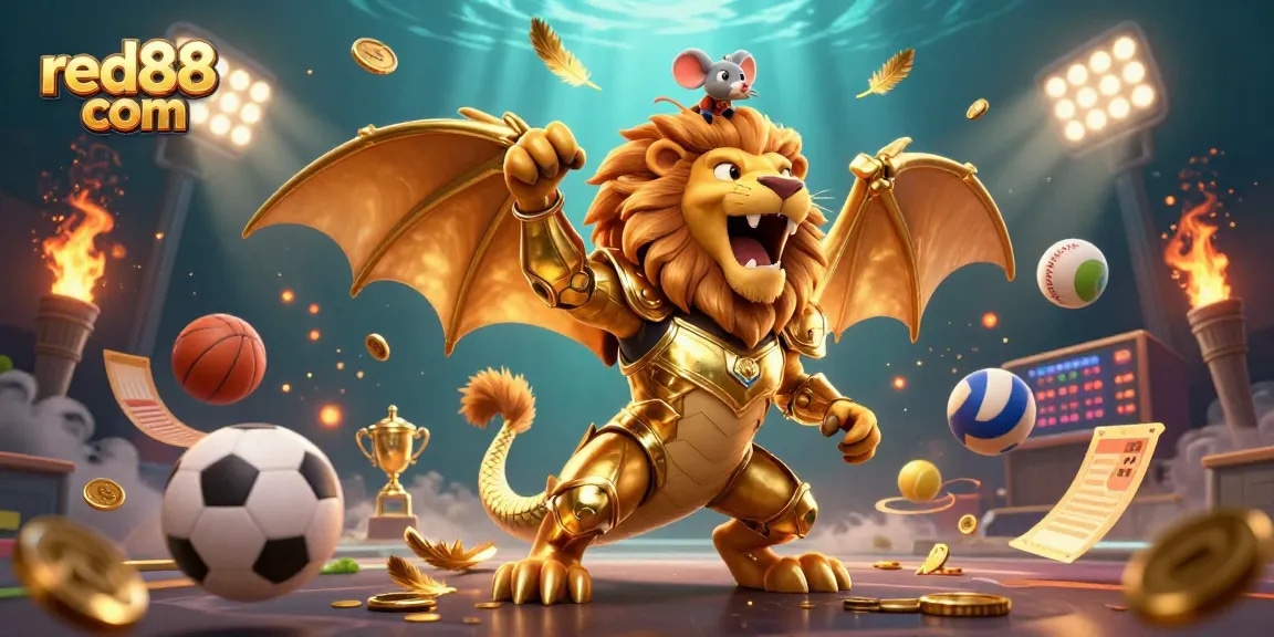 Engage in thrilling betting experiences with red88 com’s dynamic 3D casino scene featuring golden elements and energetic characters.
