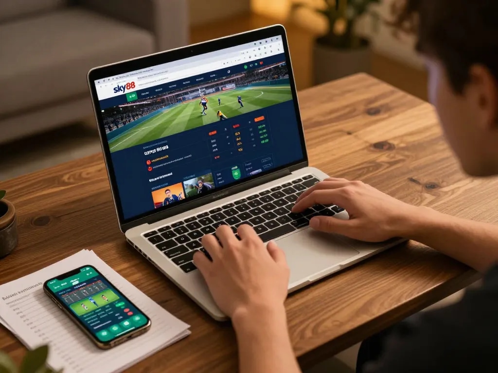 Sky88 user actively placing bets online while managing bankroll on a laptop setup.