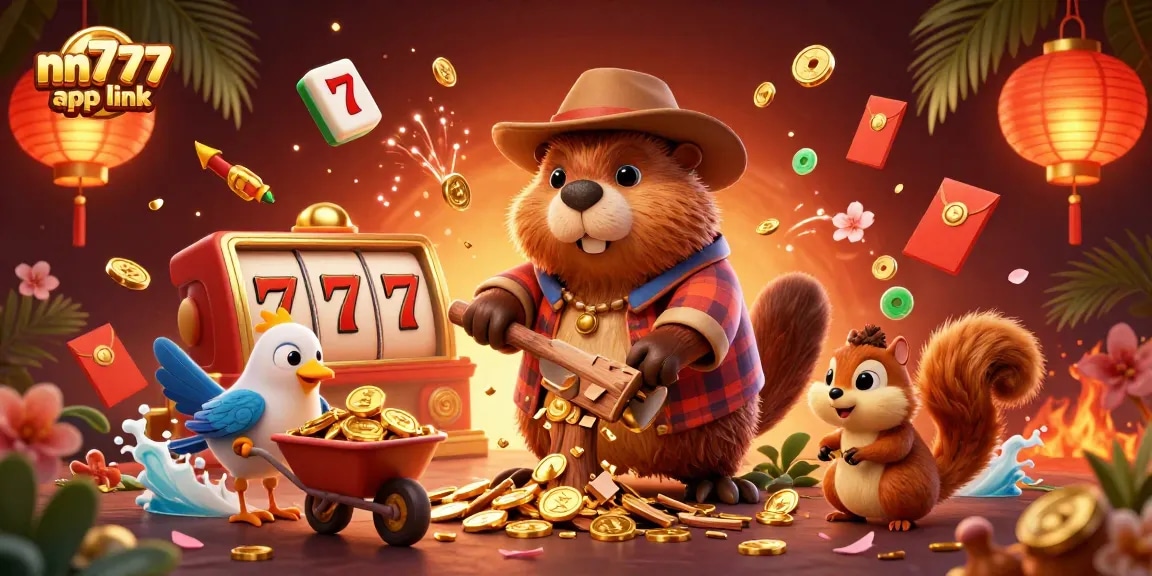 Spin to win with nn777 app link in this vibrant casino-themed illustration.