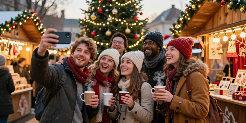 Engaging holiday posts on Instagram featuring friends enjoying a festive market scene with decorations and hot cocoa.