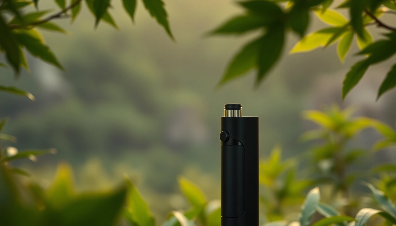 Buy DMT vape pen displayed in a tranquil setting with soft lighting and lush greenery.