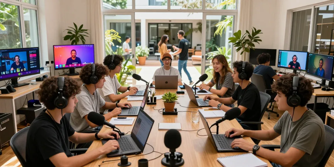 Streamers collaborating at Streamer University with dynamic discussions and vibrant atmosphere.
