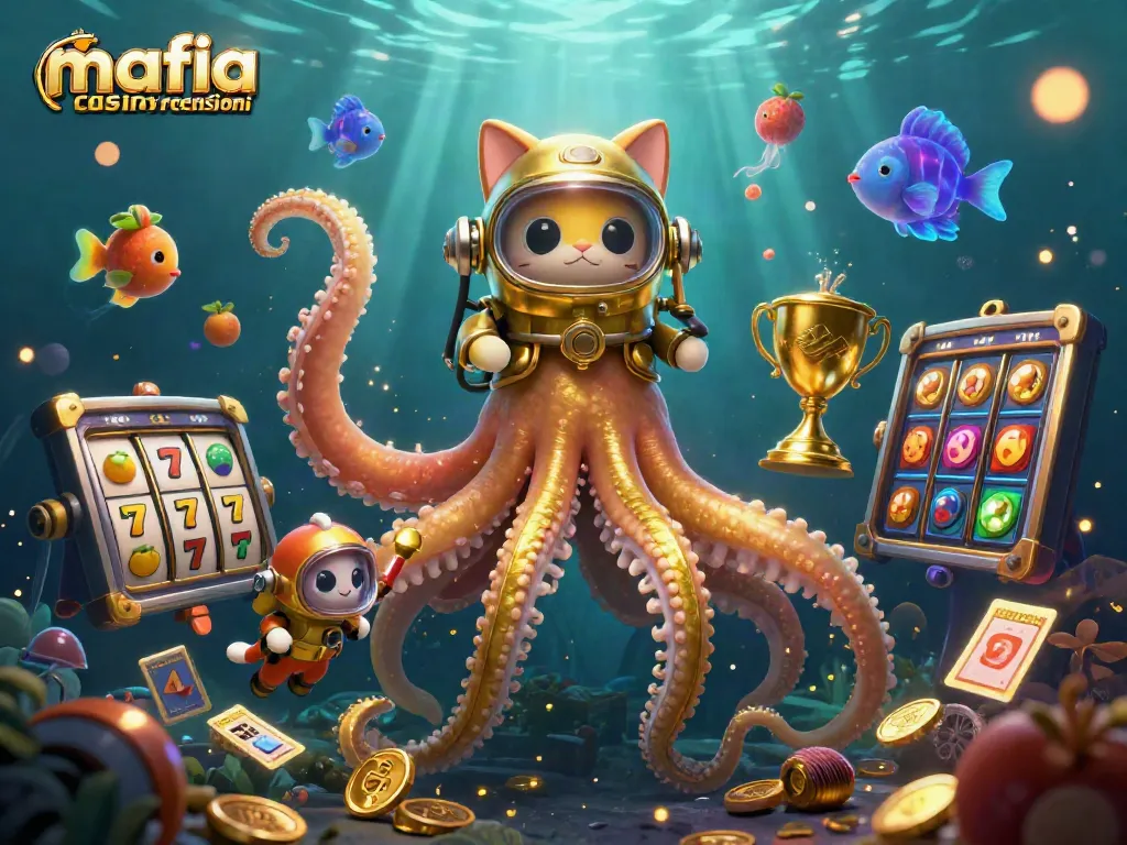 Mafia casino recensioni highlights a vibrant 3D scene featuring a kraken, diving cat, and glowing fishes amidst slot reels.