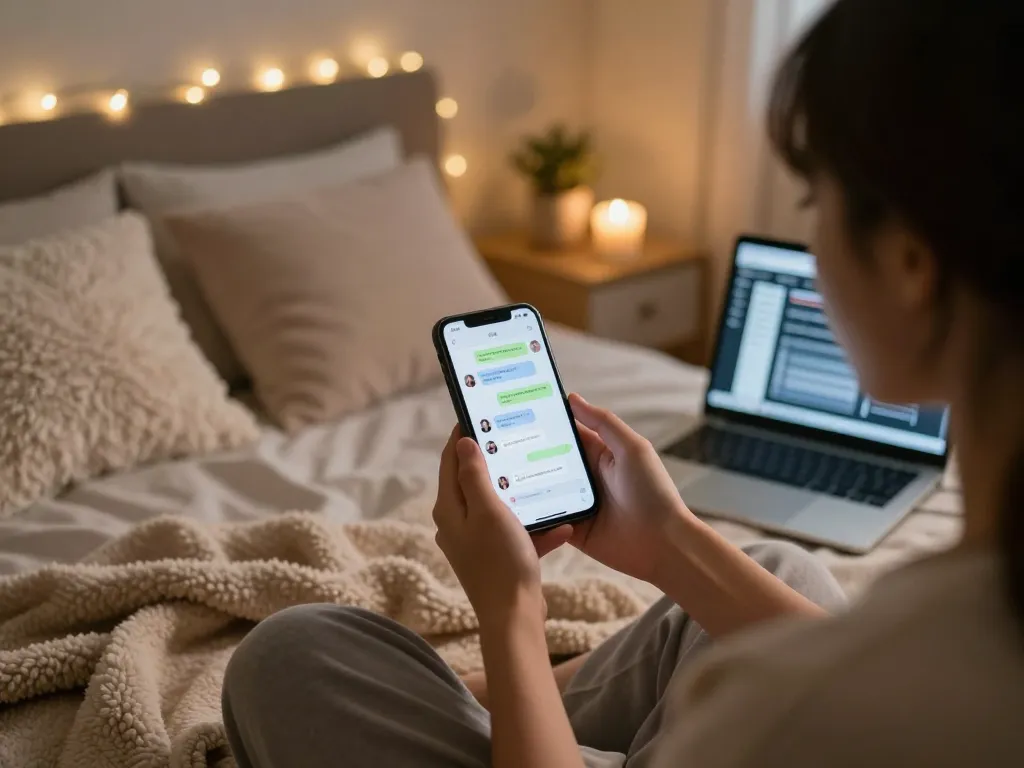 Engaging in sexting AI chats on a smartphone in a cozy bedroom setting with warm lighting.