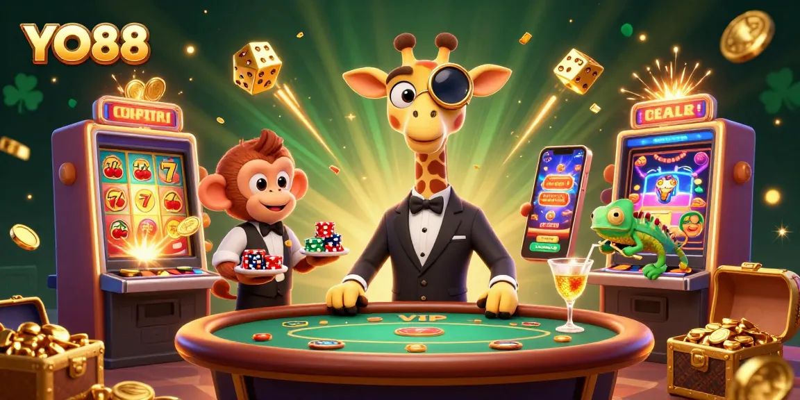 YO88 promotes excitement with a high-roller giraffe playing poker at a vibrant casino scene.