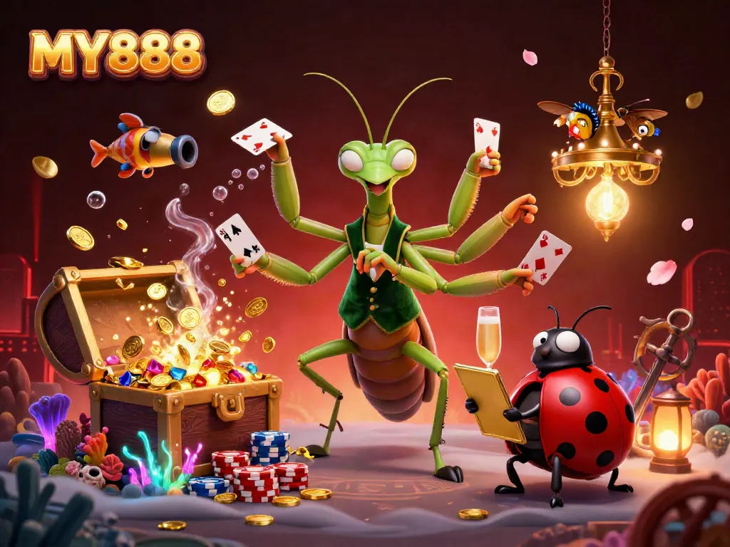 Engage with MY888, where a giant mantis deals cards while a ladybug oversees a vibrant casino scene.