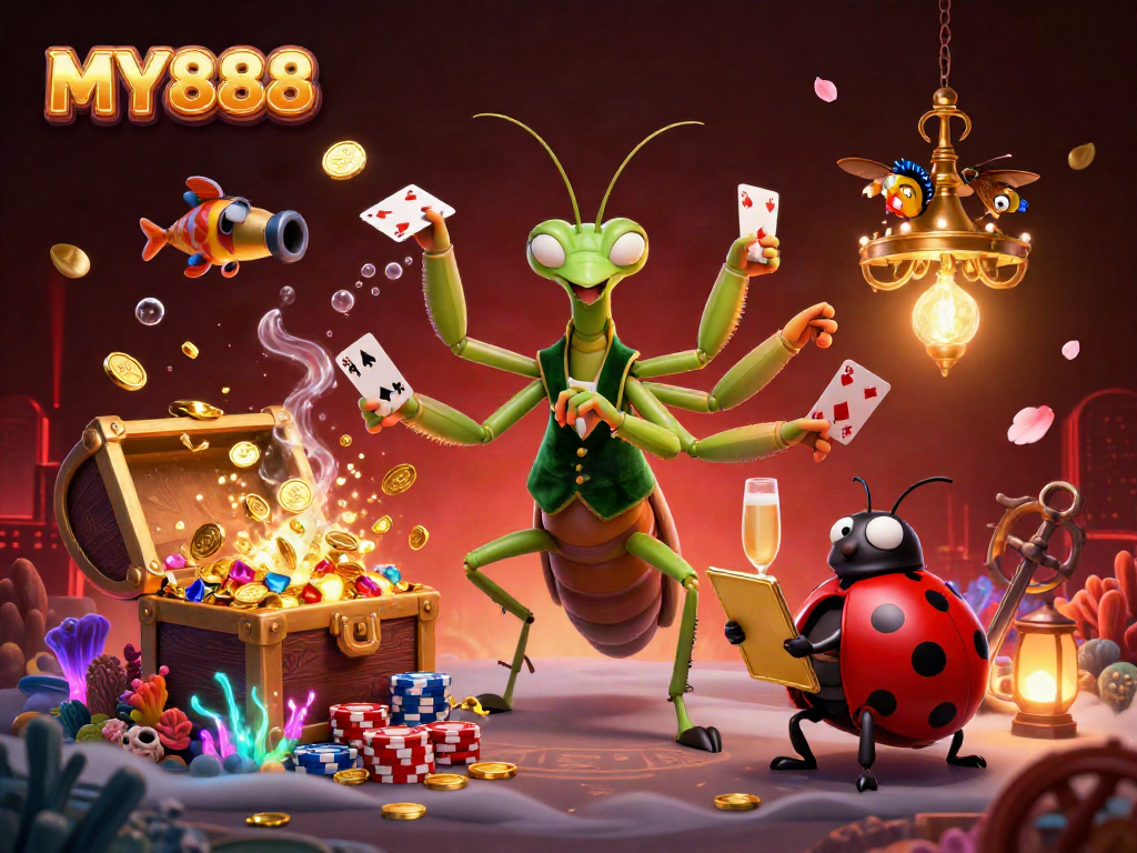 Engage with MY888, where a giant mantis deals cards while a ladybug oversees a vibrant casino scene.