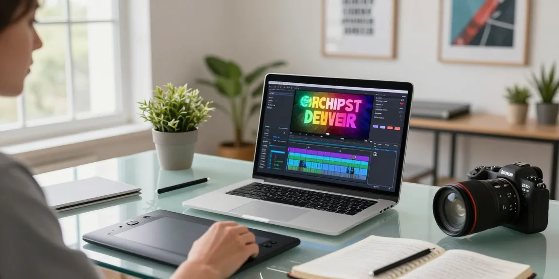 Designer adding overlay text to video in a bright editing studio.