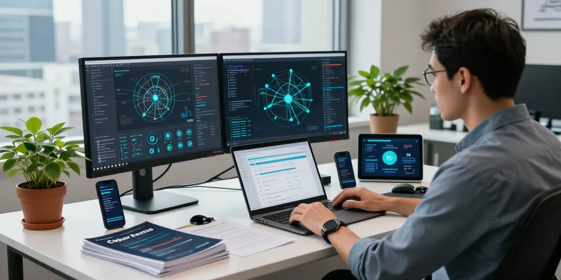 Expert working on cyber essentials certification in a modern office environment.