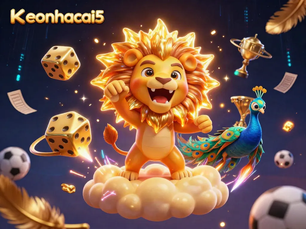 Bet on keonhacai5 with excitement as the sun lion roars among golden dice and sports gear.