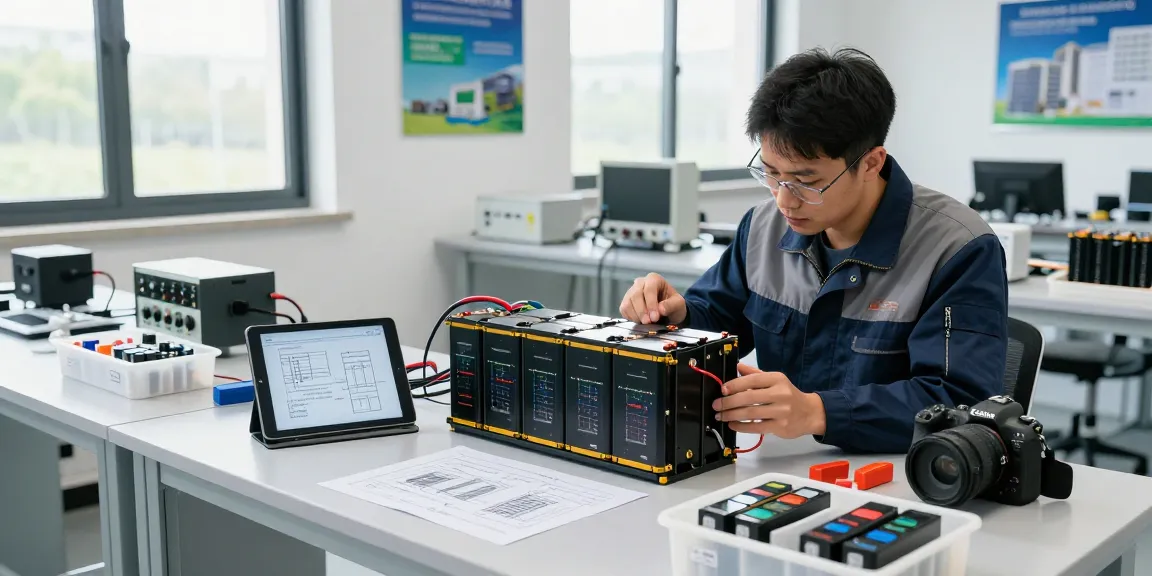 Technician working with batterie lifepo4 cells in a modern renewable energy workshop.