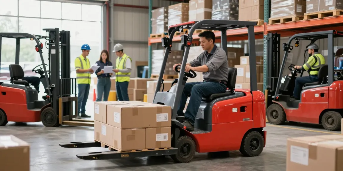 Electric pallet truck operating efficiently in a modern warehouse setting surrounded by electric stackers and workers.