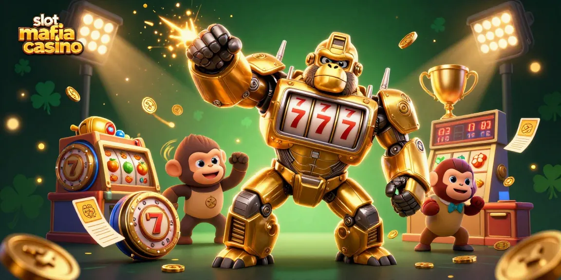 Experience thrilling fun at slot mafia casino with a dynamic action scene featuring a golden gorilla mech.