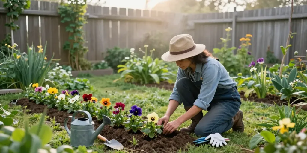 Vibrant garden scene with a gardener planting colorful flowers in the morning light.
