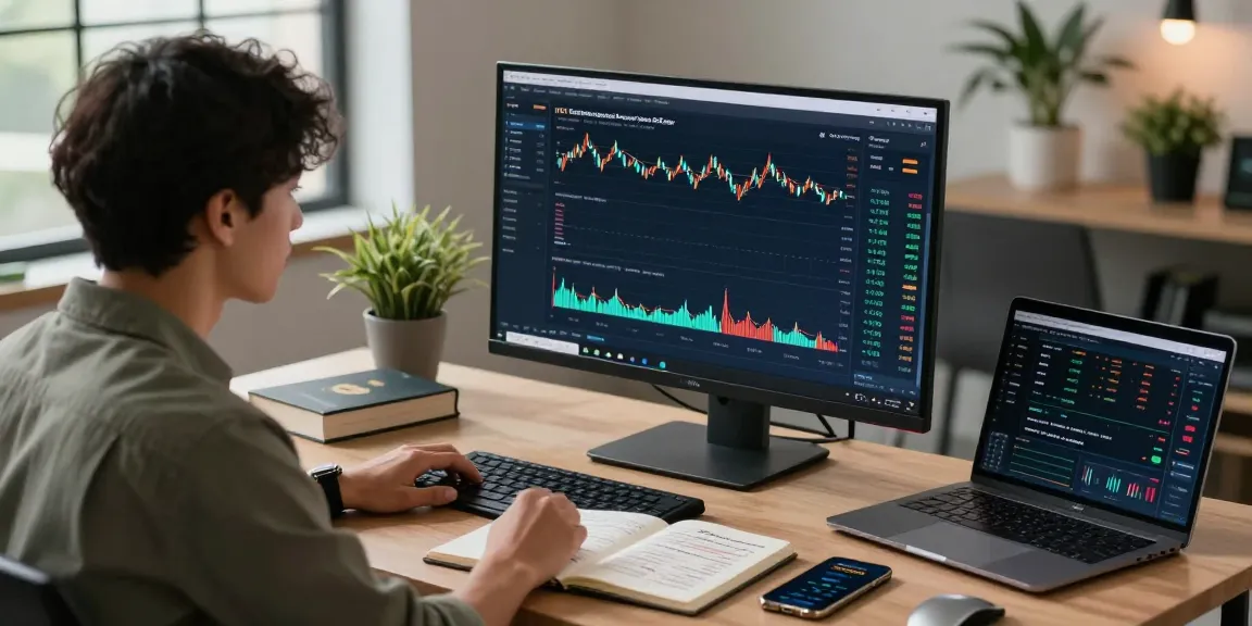 HTX Exchange Referral Code prominently displayed in a cryptocurrency trading workspace, showcasing charts, market indicators, and a focused user.