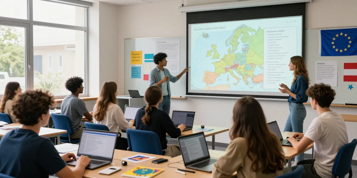 Students taking the European Union Quiz, collaborating with interactive learning materials in a bright classroom.