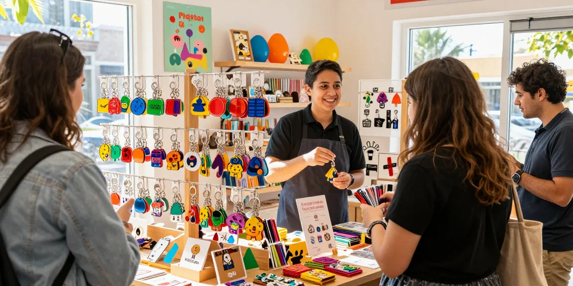Custom keychains displayed in a vibrant store environment, attracting customers with personalized options.