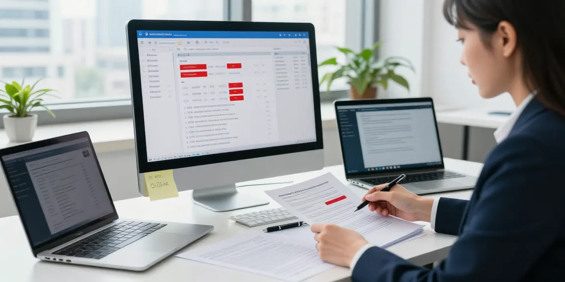 Professional office scene highlighting document fraud detection efforts with a woman analyzing flagged documents and data insights.
