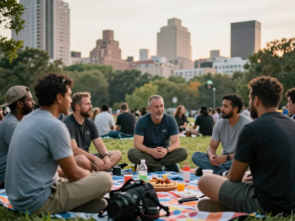 Men club gathering at urban park engaging in meaningful conversations.