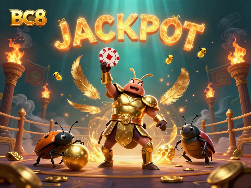 Engage with the excitement of BC8, featuring a cartoon hercules beetle celebrating victory in the casino arena.