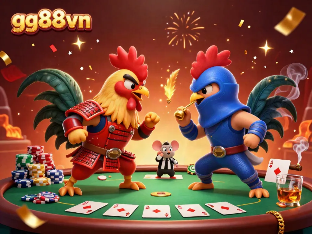Engage in thrilling gameplay at gg88vn, where vibrant roosters battle amidst cascading poker elements.