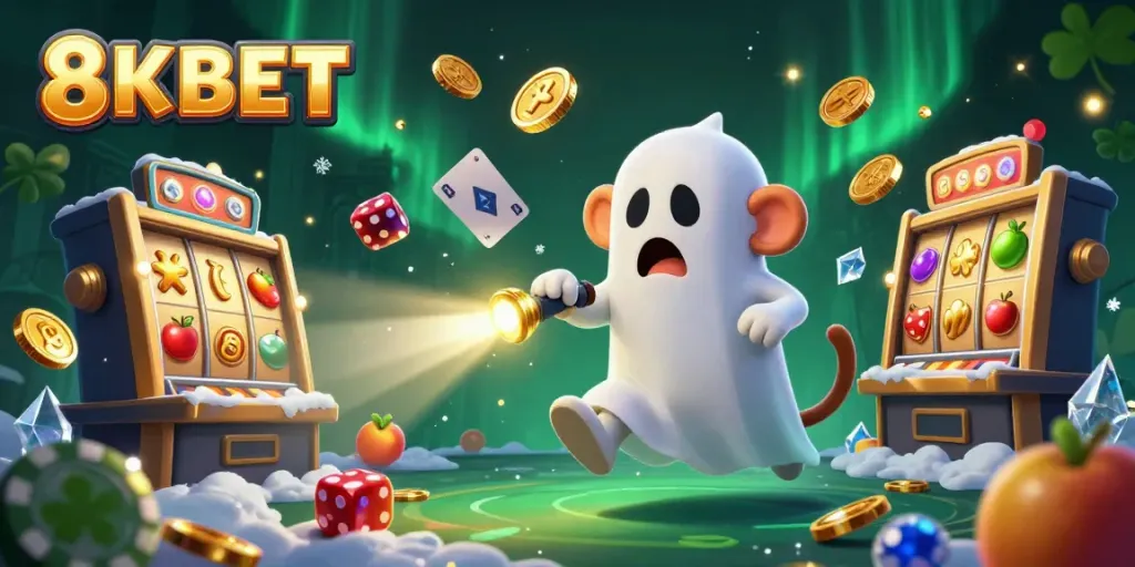 Experience the excitement of 8KBET with a playful poltergeist monkey and a curious puppy in a dynamic haunted casino scene.