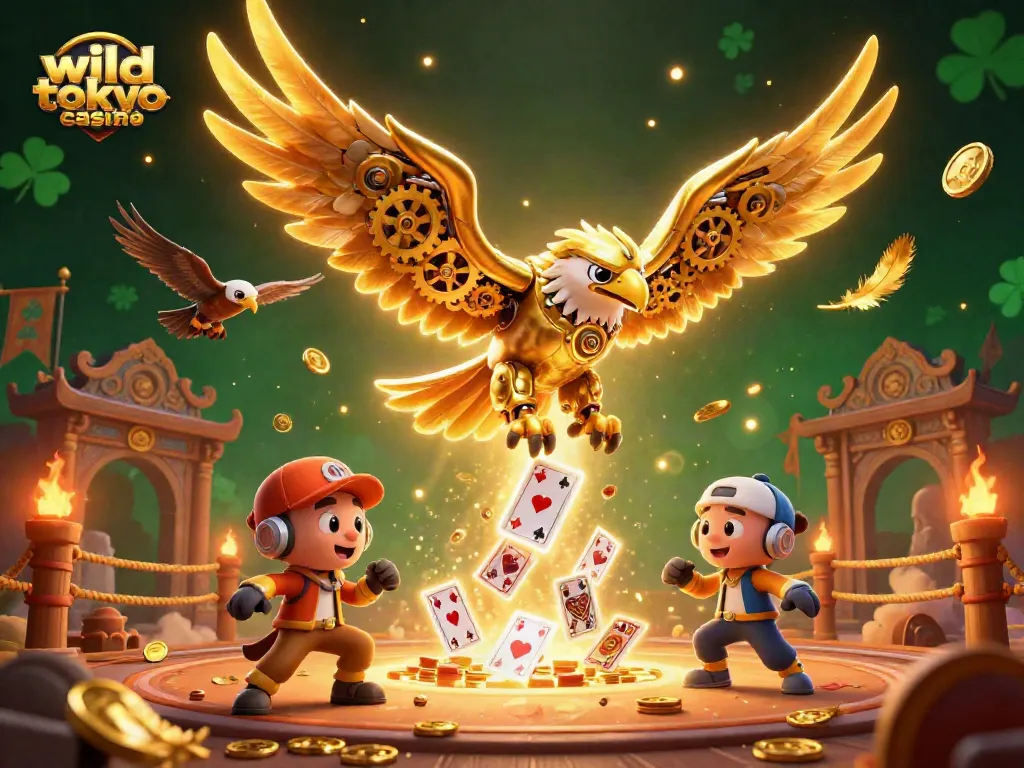 Experience winning thrills at wild tokyo casino with dynamic golden eagle and holographic cards.