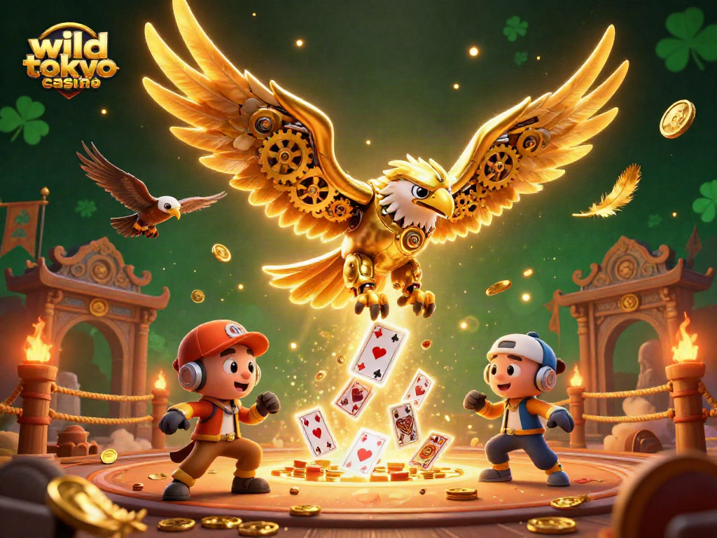Experience winning thrills at wild tokyo casino with dynamic golden eagle and holographic cards.