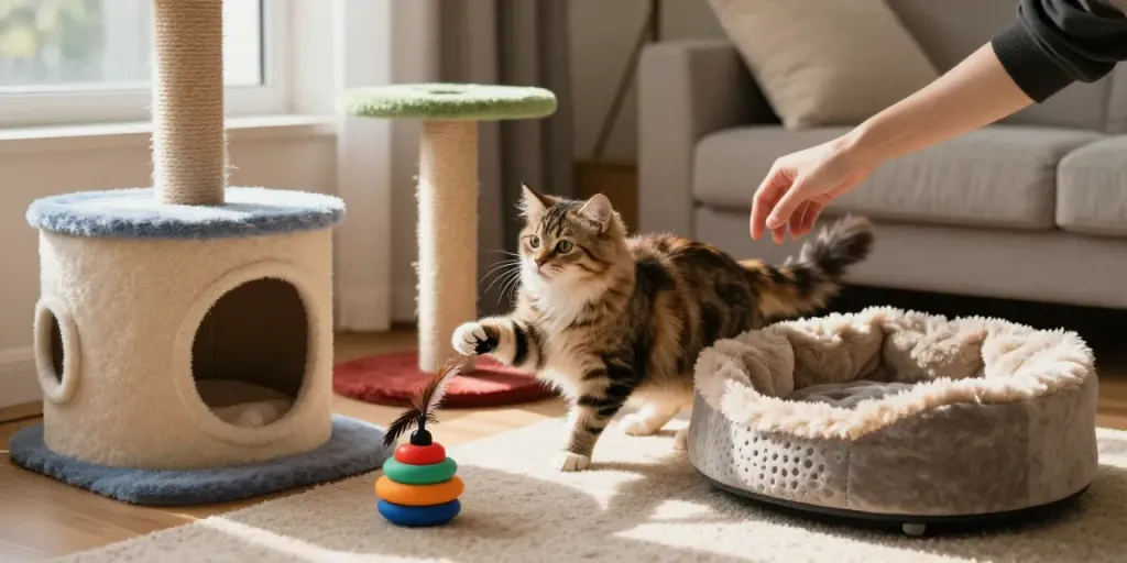 Cat gear showcased in a cozy space with a playful tabby engaging with toys and a stylish cat tree.