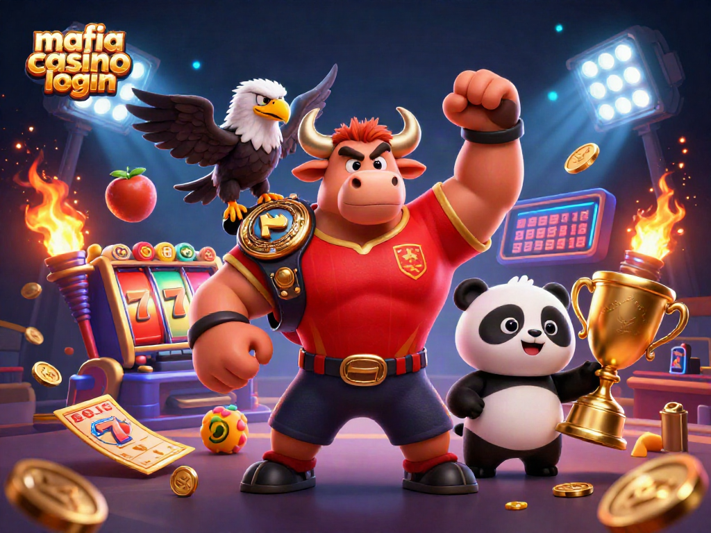 Mafia casino login scene with vibrant characters, golden trophies, and dynamic gaming elements.