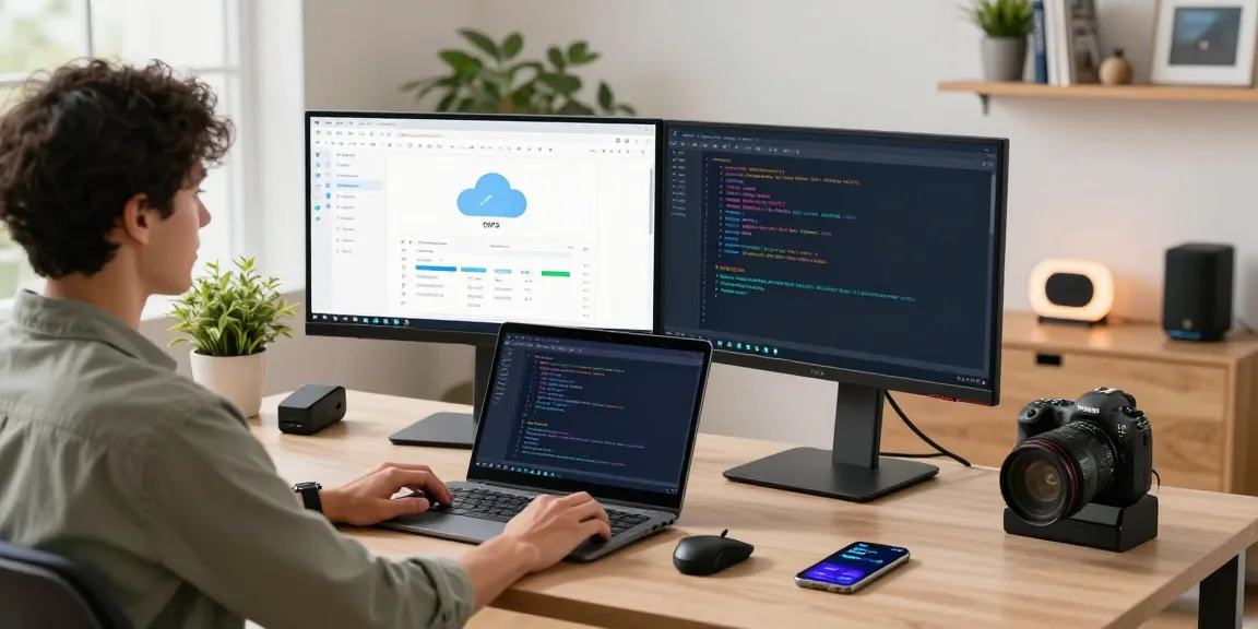 Explore a modern home office with a Residential VPS setup highlighting management software and coding screens.