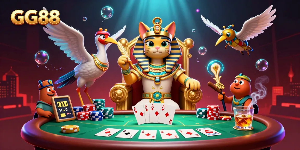 Engage with GG88 in this vibrant casino scene featuring animated Egyptian characters and rich gaming elements.