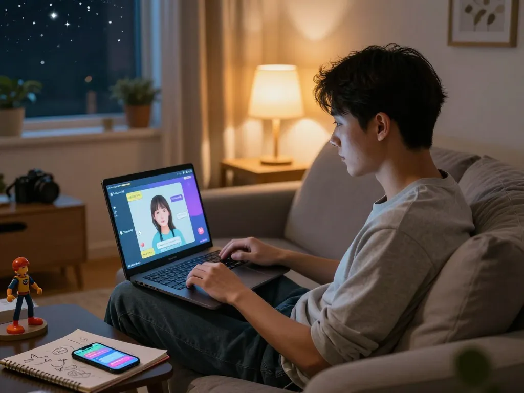 Engaging cozy scene of a user chatting with AI character on a laptop, exploring crush on ai interactions.
