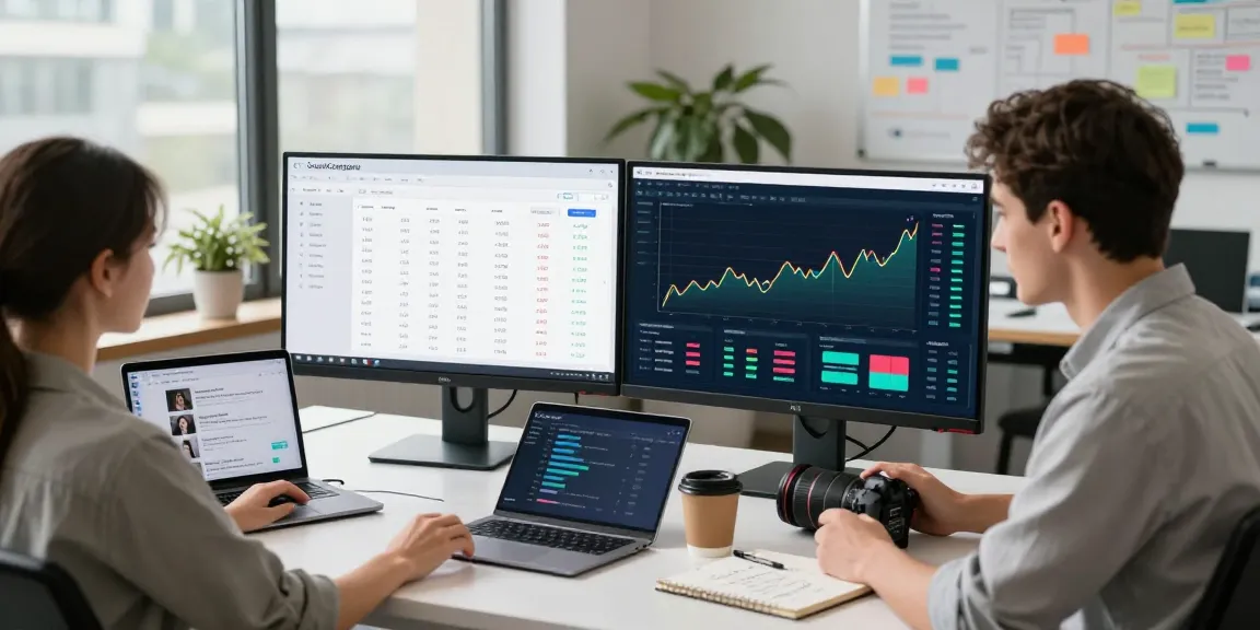 Data analyst using CountCompare for price comparison analysis in a modern office.