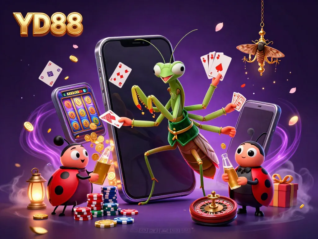 YD88 offers a dynamic casino scene with a praying mantis card sharp, ladybug pit boss, and immersive game elements.