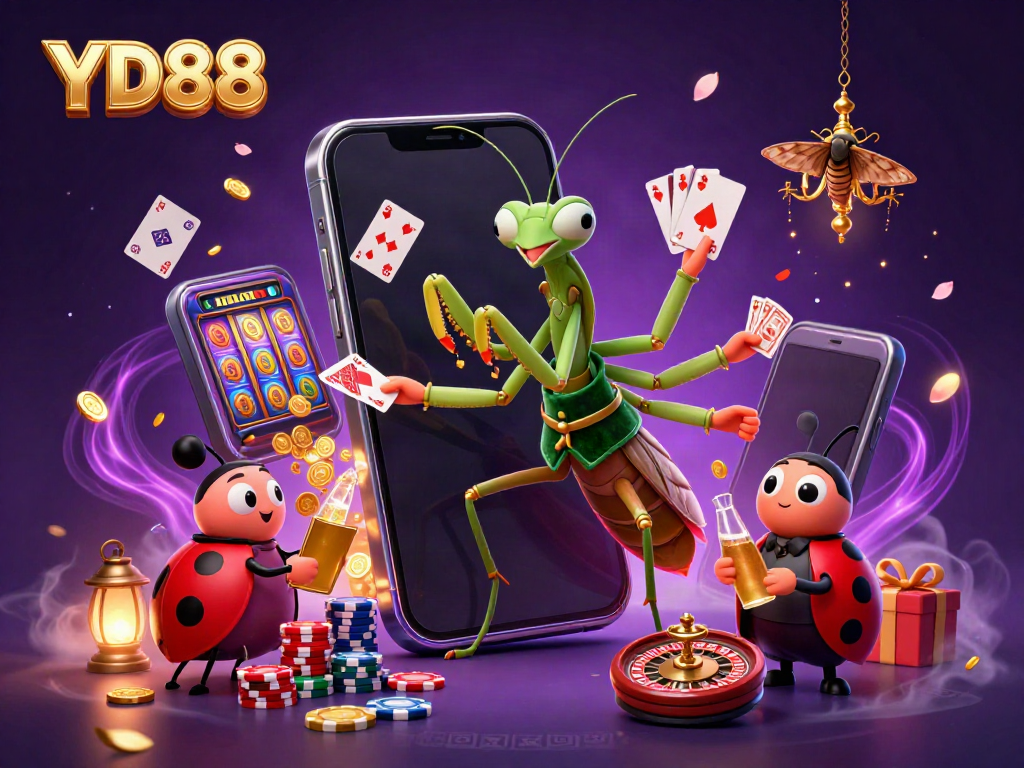 YD88 offers a dynamic casino scene with a praying mantis card sharp, ladybug pit boss, and immersive game elements.