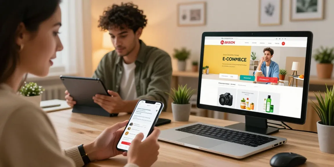 Optimize your e-commerce scene showing diverse shoppers engaging with a modern online store interface.