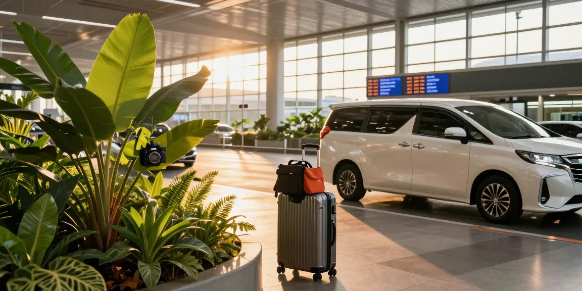 Thailand Private Transfers at Bangkok airport, traveler waiting for pickup in warm golden hour light.