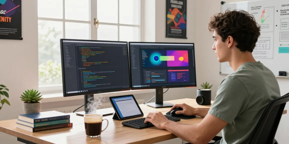 Download Telegram in a modern workspace featuring a developer coding on dual monitors with technical books and coffee.