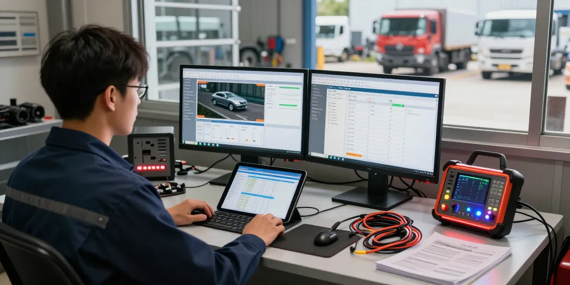 Technician using JPRO software for automotive diagnostics in a modern workspace.
