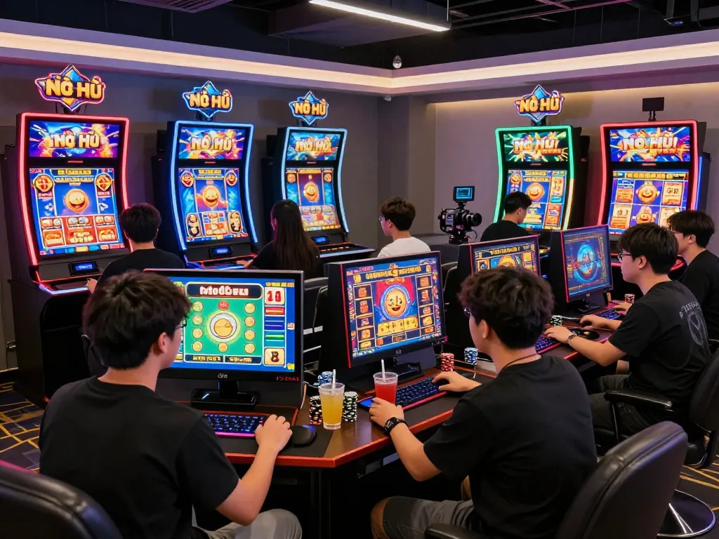 Nổ Hũ gaming excitement with players enjoying colorful slot machines and big jackpots in a modern lounge.