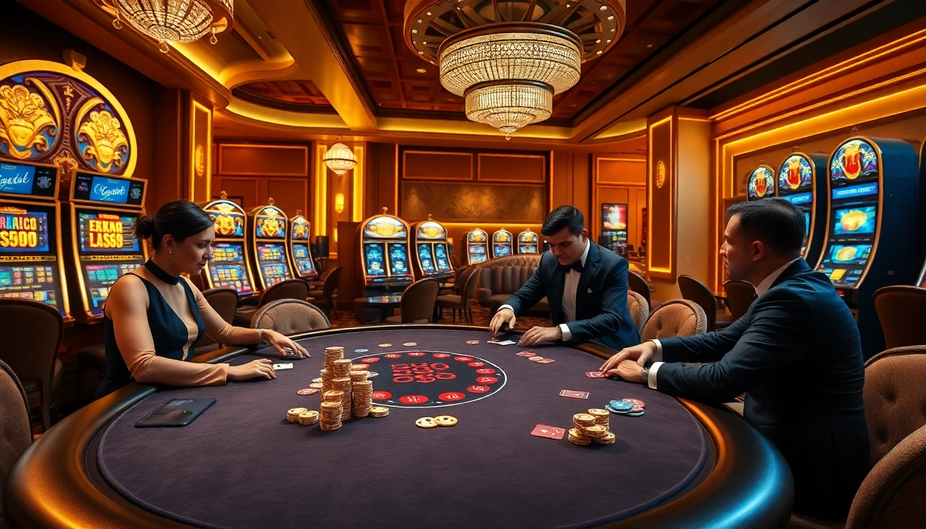 Players enjoying a high-stakes poker game at UU88 casino with vibrant slot machines.