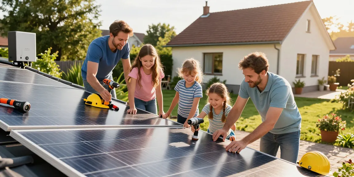 Family installing panouri fotovoltaice on a sunlit roof, promoting sustainable energy.