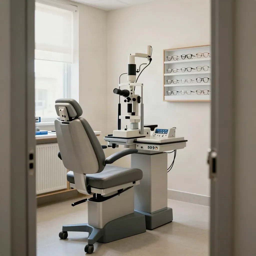 Sala visita oculistica moderna con poltrona, lampada a fessura e area test luminosa.