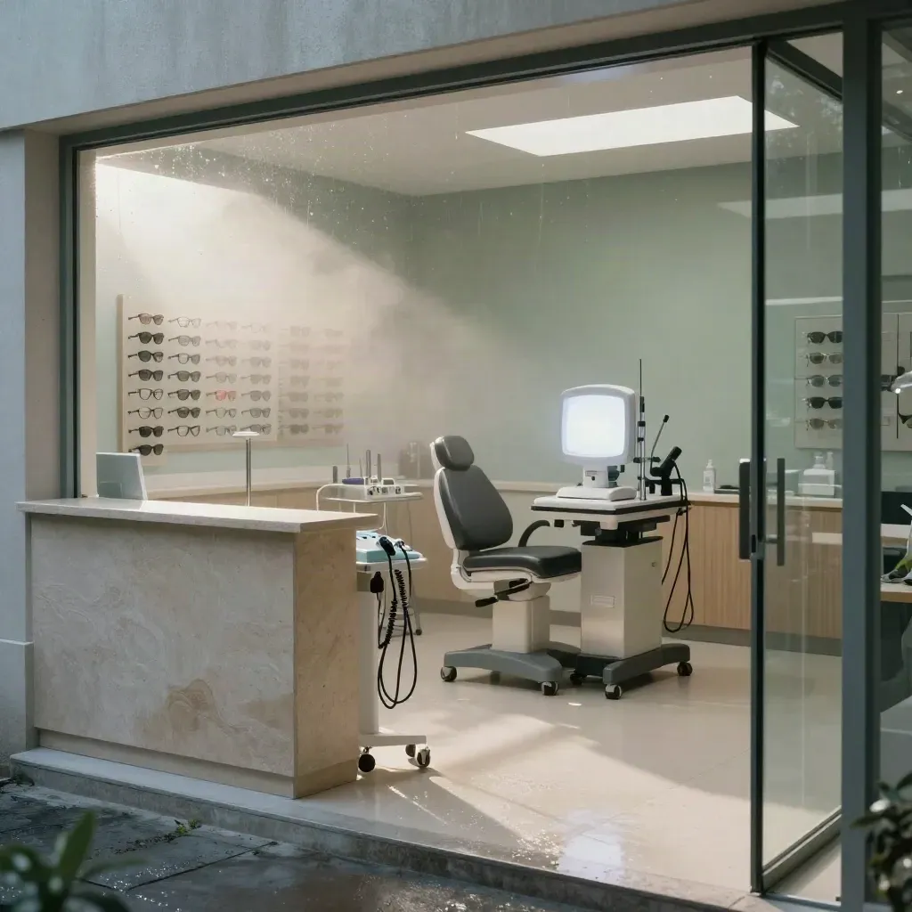 Interno clinica oculistica elegante con luce mattutina, strumenti e montature.